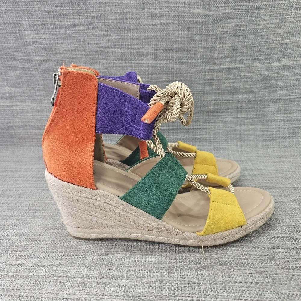 Shein Faux Suede Sandals Espadrille Wedge Ankle Strap Colorblock Women US 9.5/41